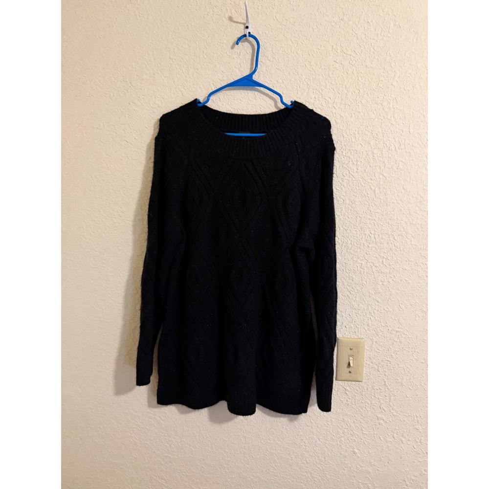Talbots Womens XL Black Metallic‎ Diamond Cable Knit Crew Neck Sweater Pullover